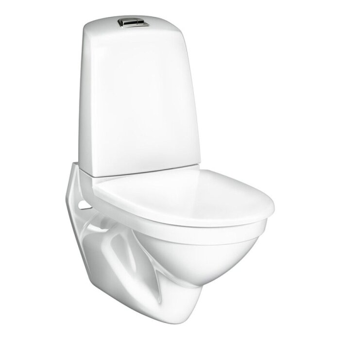 Vägghängd toalettstol med inbyggd cistern.