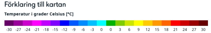 Temperaturskala i grader Celsius från -30 till 30, med färger från lila till rött som representerar olika temperaturer.