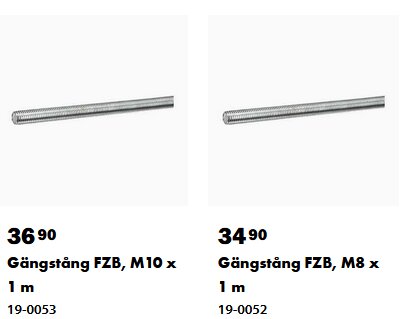 Två gängstänger av metall: FZB M10 och FZB M8, 1 m långa, med prisangivelser.