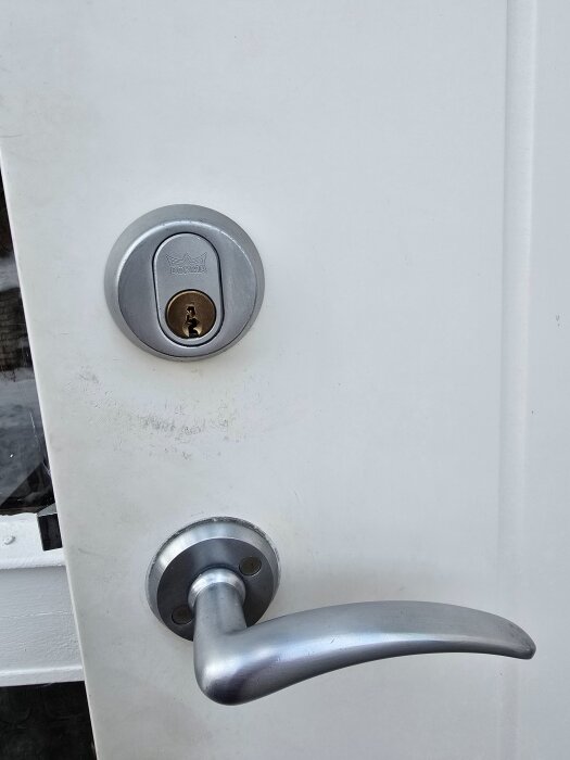 Dörr med ett Assa 410 låshus och ett silverfärgat handtag.