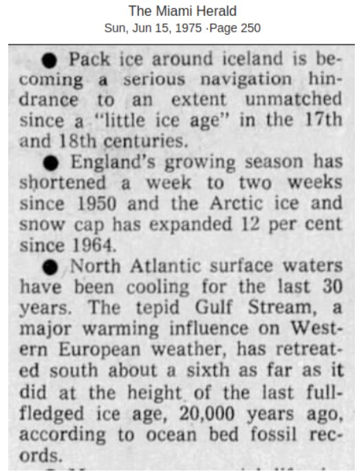 Tidningsartikel från The Miami Herald, den 15 juni 1975, om klimatförändringar, inklusive issmältning runt Island och nordatlantiska havstemperaturers nedgång.