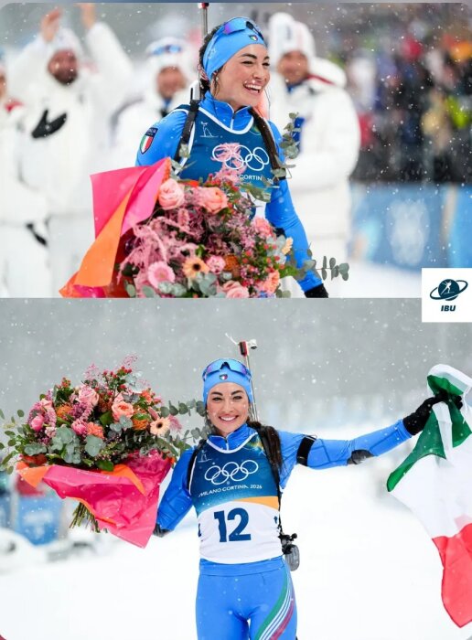 Skidskytt under vinter-OS 2026 med blommor och flagga i snöigt landskap.