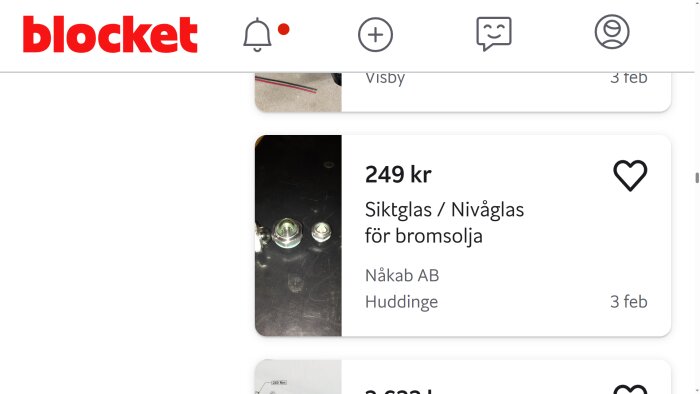 Blocket-annons för siktglas/nivåglas för bromsolja, kostar 249 kr, säljs av Näkab AB i Huddinge, med en bild på glasprodukten.