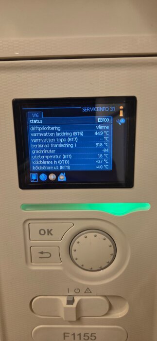 Display på en värmepump som visar servicemeny med temperaturer och driftinformation. Panel med knappar och vred. Modell F1155.