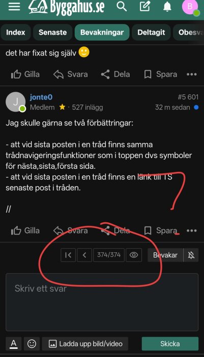 En diskussionstråd på Byggahus.se där en användare föreslår förbättringar för trådnavigeringsfunktioner och länk till senaste inlägget.