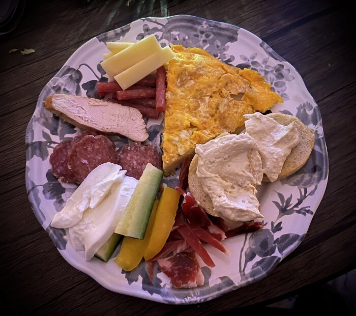 Assiett med tapas: ost, salami, serrano, tortilla, kyckling, grönsaker, hummus på bröd.