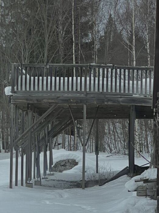 En snötäckt altan med byggnadsställning, belägen i ett vintrigt skogslandskap, ser ostadig ut.