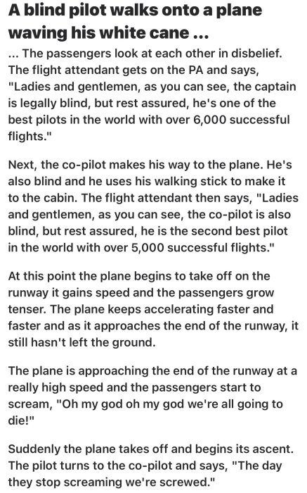 Text om en blind pilot som går ombord på ett plan med en vit käpp, och reaktionen från passagerarna och flygvärdinnan.
