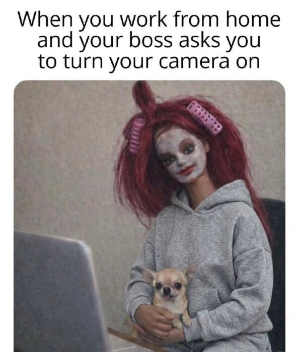 Docka med rufsig frisyr och ansiktsmålning i morgonrock vid laptop, håller en chihuahua i famnen. Text: "When you work from home and your boss asks you to turn your camera on.