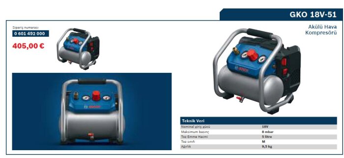 Bosch GKO 18V-51 kompressor, 18V, med blÄ och silver design. Visar tryckmÀtare och kontroller, annonserad pris 405,00 ⏠i en katalog.