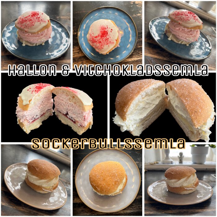 Bild av två icke-standardsemlor: en hallon- och vit chokladsemla med rosa fyllning och en sockerbullssemla med vit fyllning, båda delade på mitten.