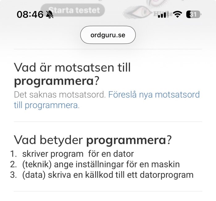 Bild av en ordwebbsida som diskuterar betydelsen och motsatsen av ordet "programmera", med alternativ att föreslå nya motsatsord.