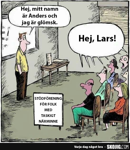 En tecknad bild av en stödgrupp för människor med dåligt minne. Personen framme säger sitt namn och deltagarna svarar med fel namn.