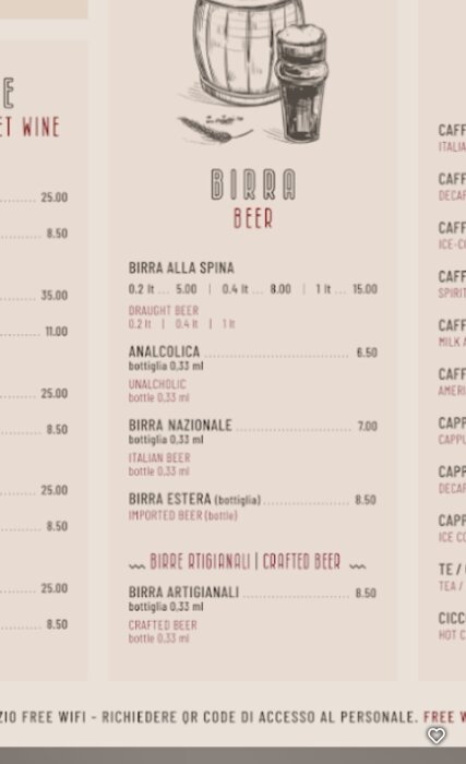 Menysida för öl; erbjudanden inkluderar fatöl, alkoholfritt, italienska och importerade alternativ, samt hantverksöl med olika volymer och priser.