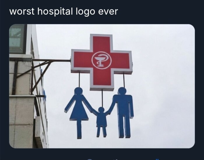 Skylt med ett rött kors och medicinsymbol, ovanpå figurer av en familj, mamma, pappa och barn, hängande i luften.