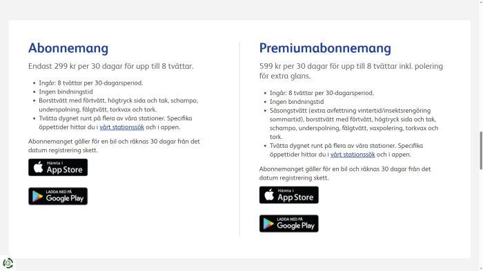 Abonnemang och premiumabonnemang för biltvätt hos OKQ8, jämförelse av tjänster och priser, med appikon för App Store och Google Play.