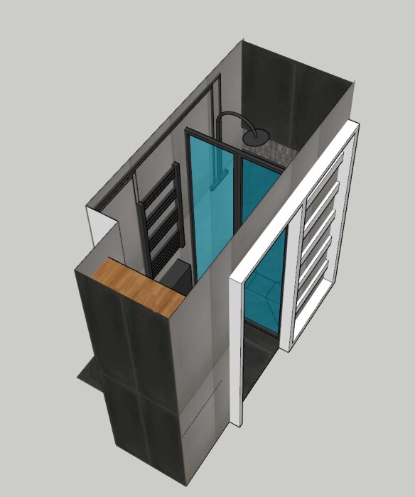 3D-modell av litet badrum med glas-skjutdörr, duschområde, handdukstork och nisch. Visar layout och placering i lägenhetsprojekt.