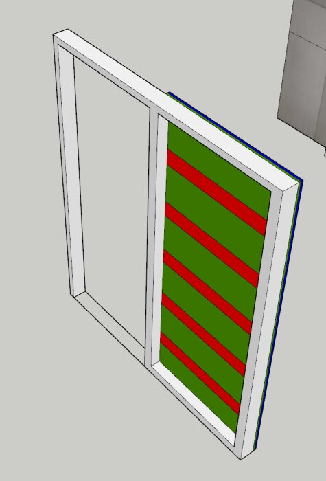 3D-modell av en väggkonstruktion för ett badrum, med röda horisontella reglar och en grön yta. Diskuterar kakling och konstruktion.
