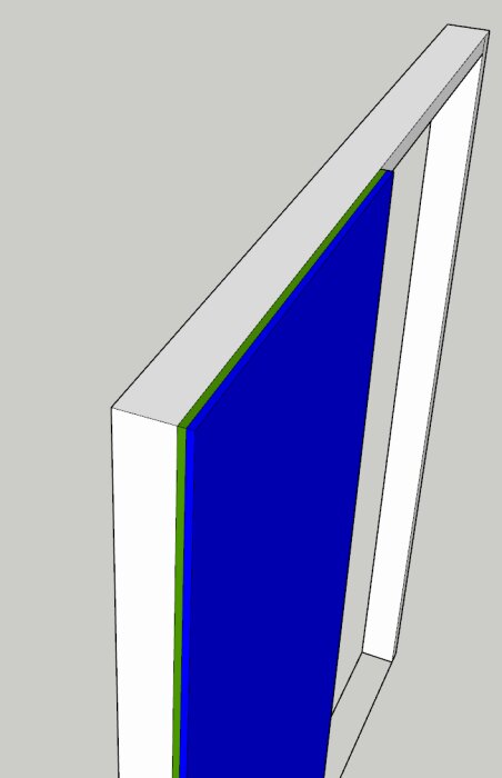 3D-modell av en väggkonstruktion med ett blått och ett grönt lager, som representerar en potentiell kakellösning i en pocketkarm.