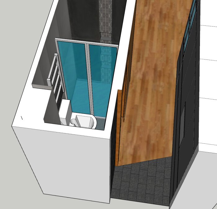 3D-modell av litet badrum med dusch, glas-skjutdörrar, toalett och handdukstork. Badrummet gränsar till en smal korridor.