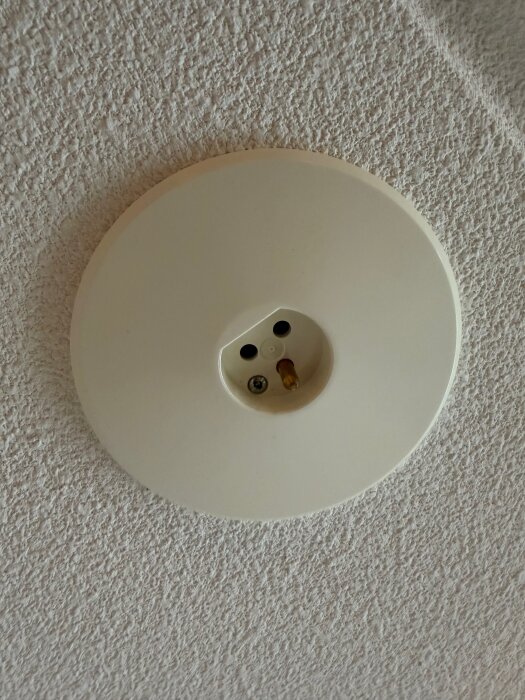 Cirkelformat lamputtag i tak, utan synlig krok, med en skruv och två öppningar, monterat på en vit, strukturerad yta.