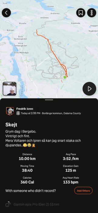 Karta med skidspår i Borlänge kommun, 10 km avverkad sträcka. Data inkluderar tid, tempo, kalorier och hjärtfrekvens från träningsappen Garmin epix Pro.