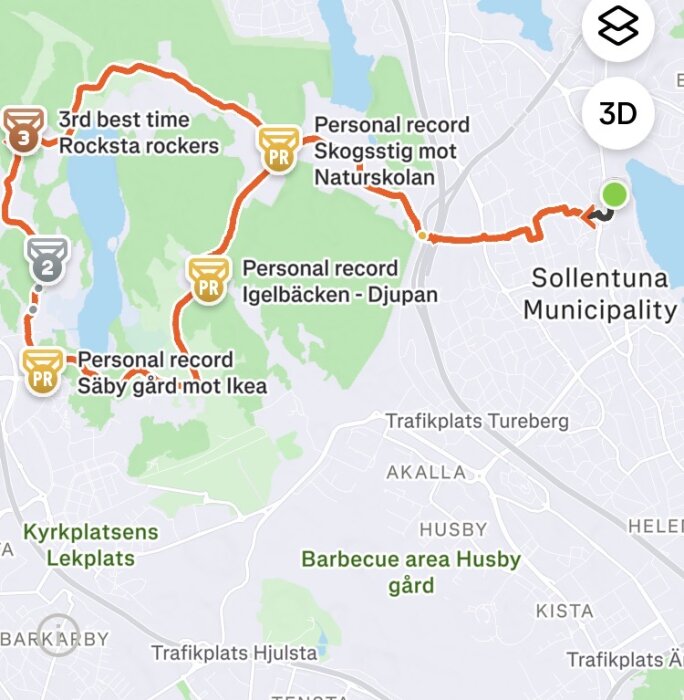 Karta över löprunda vid Sollentuna med personliga rekord markerade längs rutten. Platser inkluderar Rocksta och Igelbäcken.