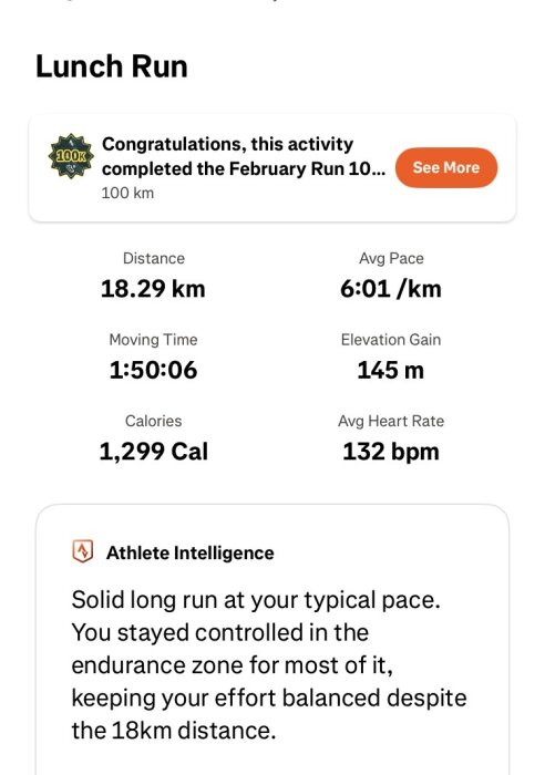Löpstatistik för en lunchrunda: 18,29 km distans, 6:01 min/km snitt, 1:50:06 löptid, 145 m höjdstigning, 1 299 kalorier förbrända, 132 bpm puls.