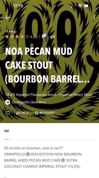 Etikett av Omnipollo Noa Pecan Mud Cake Stout med bourbon fatlagrad, 14,2% imperial stout. Bakgrund med mönster och betygsikoner.