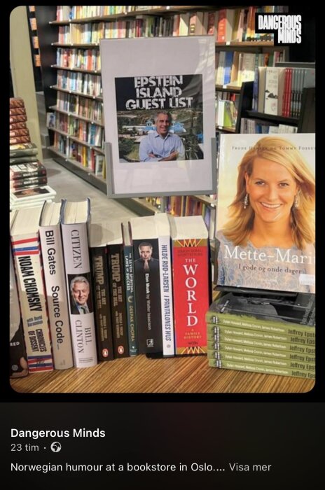 Bokaffärshylla med olika titlar, inklusive en skylt med texten "Epstein Island Guest List" och böcker som handlar om kända personligheter.