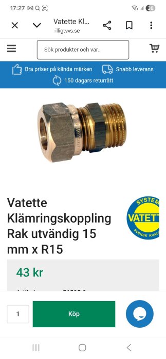 Vatette klämringskoppling rak utvändig 15 mm x R15 visas på en webbplats med pris och köpknapp.