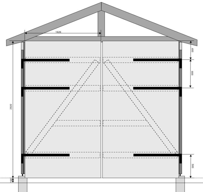 Ritning av en garageportkonstruktion med mått och stödpunkter markerade för en byggnadsprojektplan.