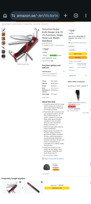 Fickkniv från Victorinox, modell Ranger Grip 78, röd/svart. Har flera verktyg inklusive såg och öppnare. Produktbeskrivning och pris syns på Amazon-sida.