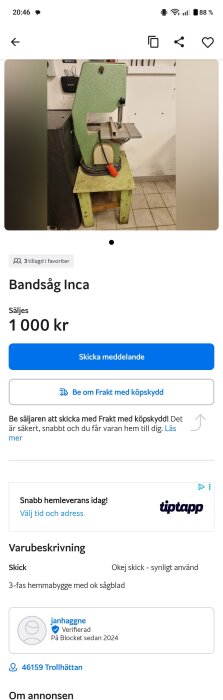 Bandsåg av märket Inca på grön ställning, säljes för 1000 kr, med användningsspår, tre fas hemmabygge.