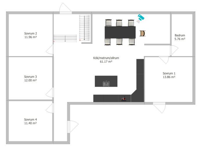 Planskiss av hus med kök/matrum/allrum, fyra sovrum och badrum, totalyta visas, layout för planerad utbyggnad diskuteras i inlägget.