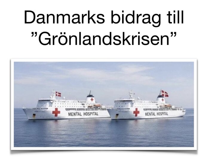 Två vita fartyg med texten "MENTAL HOSPITAL" och danska flaggor på havet, med rubriken "Danmarks bidrag till 'Grönlandskrisen'".