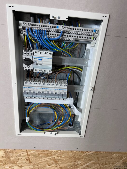 Elcentral installerad i en vägg, synliga kablar och säkringar. Den är en del av ett husprojekt med fokus på golvvärmeinstallation och elektrisk inkoppling.