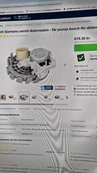 Bild på Bosch Siemens ventil för diskmaskin på en reservdelssida, där produkten visas med pris och specifikationer. Leveransinformation syns också.
