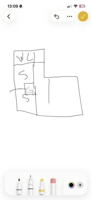 Skiss över planlösning för Västkuststuga, visar väggar och rum markerade med "W", "S" och "G". Diskuteras för renovering av garderobsvägg.