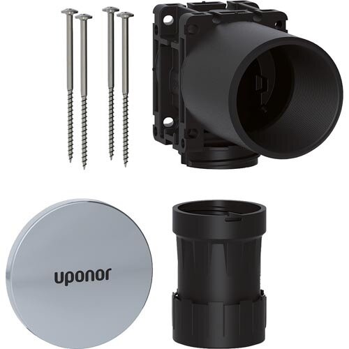 Uponor läckageindikeringssats med skruvar, lock och koppling, användbar vid installation av vattenmätarskåp.