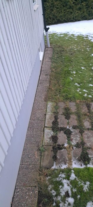 Dränering runt ett enplanshus med källare, stenläggning med mossa och snö kvarliggande på gräsmattan, synlig hussockel vid sidan.