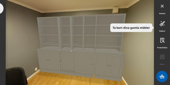 Digitalt ritad platsbyggd bokhylla med två breda sektioner ovanpå tre underskåp, placerad mot en beige vägg på ett trägolv.