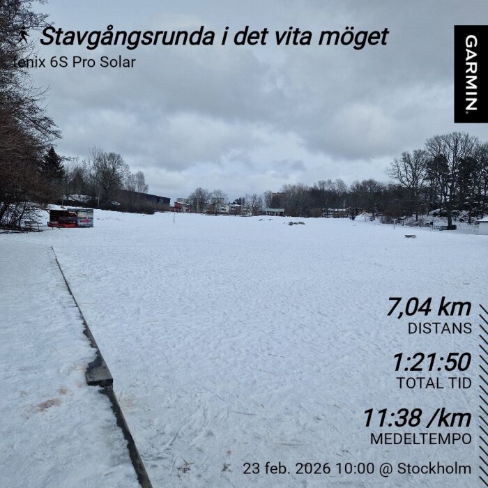 Snöigt landskap vid promenad, övervakat av Garmin-klocka. Distans: 7,04 km, tid: 1:21:50. Träd i bakgrunden, molnig himmel. Stockholm.