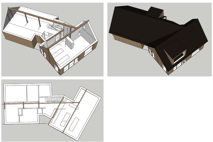 3D-renderade ritningar av ett hus, visande olika taklayouter och en öppen planlösning med bärande strukturer och eventuella byggproblematik.