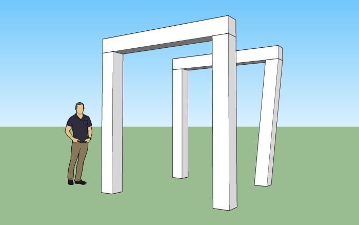 En man står bredvid två vita, enkla trästrukturer i ett 3D-modelleringsprogram, som representerar byggkomponenter.