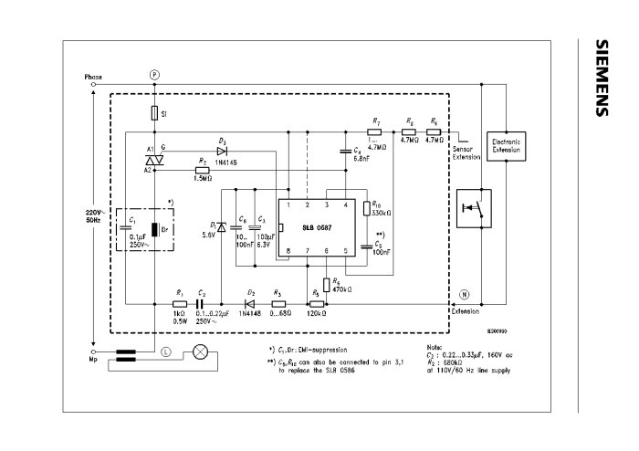 Kopplingsschema för en Siemens dimmer-IC med detaljerade komponenter och anslutningar samt styringång via extern brytare.