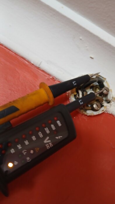 Spänningsmätare används för att kontrollera elanslutningar i ett vägguttag mot en röd och vit vägg.
