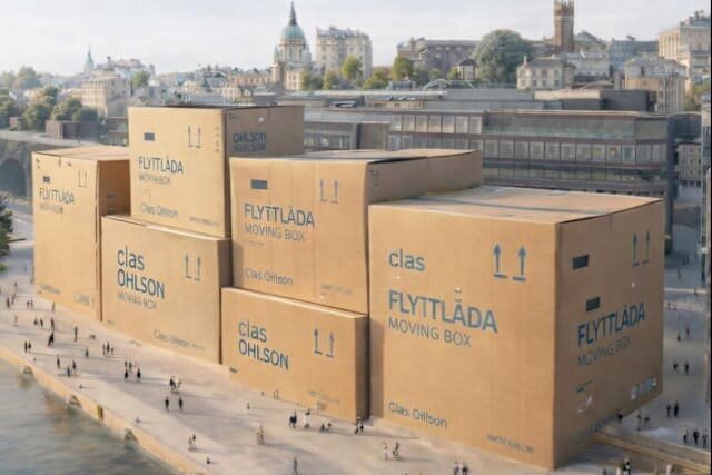 Byggnad liknande jättelika flyttlådor från Clas Ohlson i stadsbild, en satirisk referens från Arkitekturupproret.