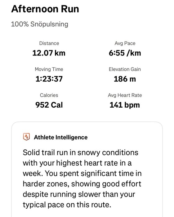 Översikt av en löprunda på 12,07 km i snöiga förhållanden, med detaljer som tid, höjdökning, kaloriförbränning och snitthjärtfrekvens.