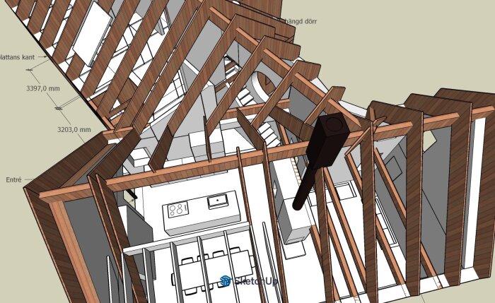 3D-modell av ett hus med synliga bjälkar och rum på övervåningen, inklusive mått och text det står "SketchUp".
